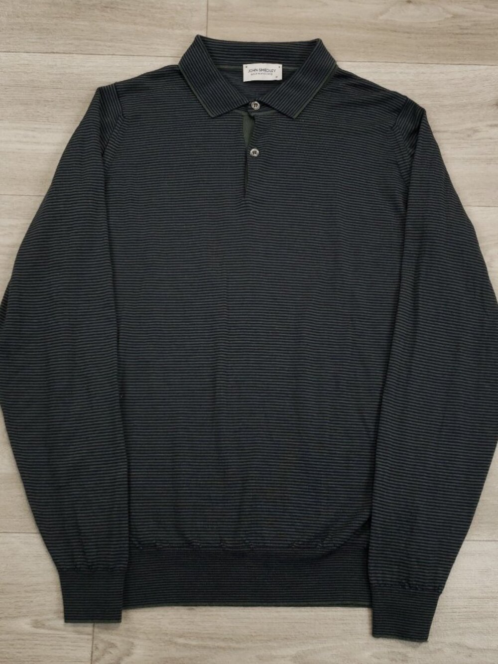 John Smedley Knit Polo Shirt Mens Medium Striped Long Sleeve Blue Gray England M